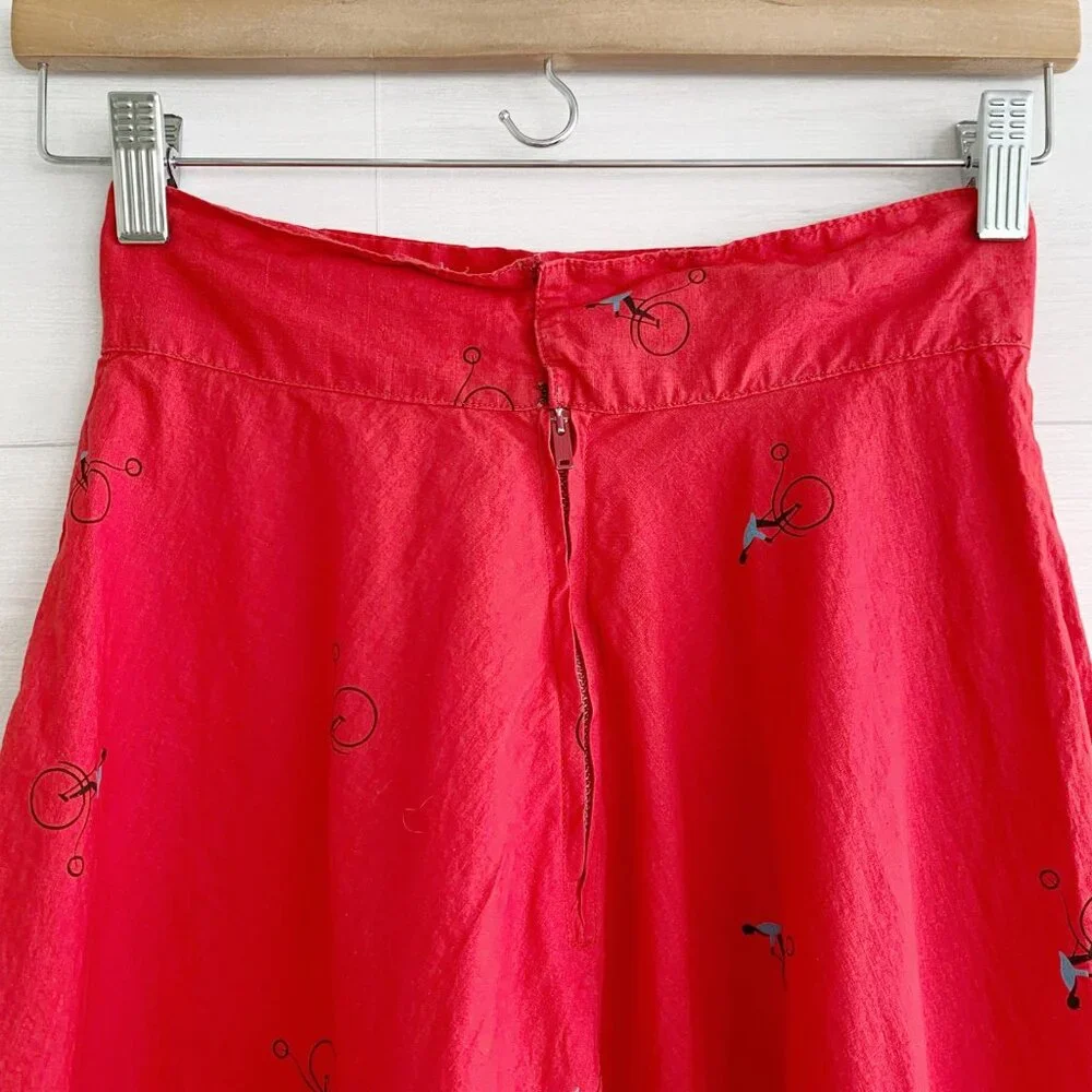 Vintage Handmade Red bicycle ruffled hem full cotton midi skirt, XS - Picture 4 of 8